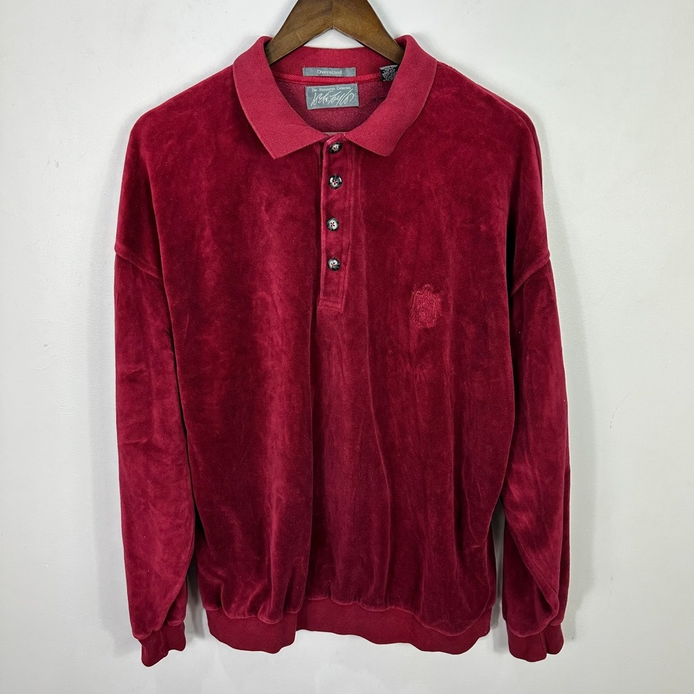 Lord & Taylor Velour Pullover Mens Medium Red‎ Oversized Vtg 90s Kensington Polo
